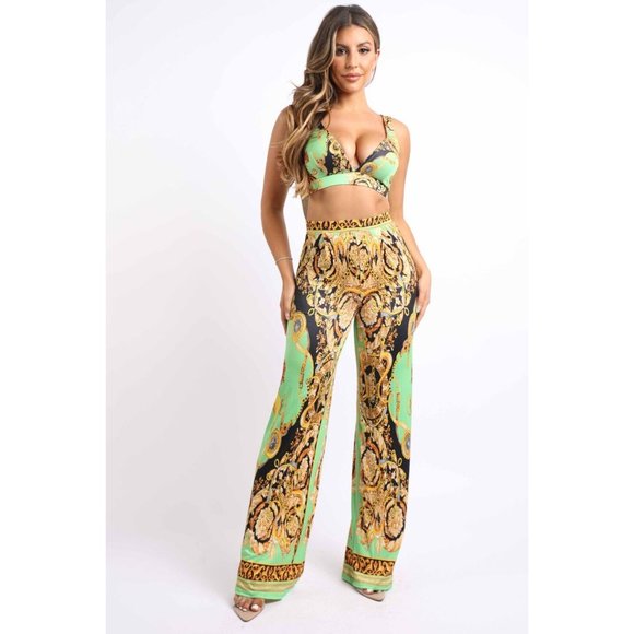 Women's Printed Sleeveless Crop Top And Matching Flare Pants Party Outfit Set - Picture 2 of 13